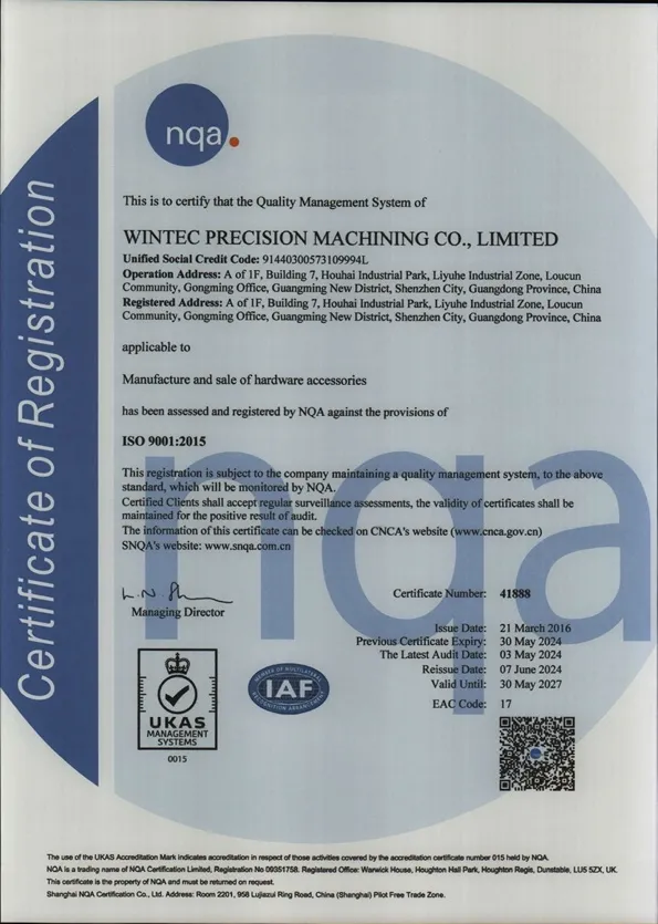 ISO 9001:2015 certificate, NQA certificate number 41888, valid until 30 May 2027